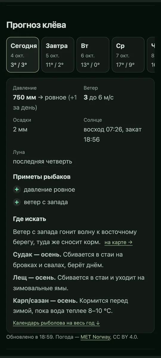 Прогноз клёва в приложении: пять дней, давление, ветер и приметы